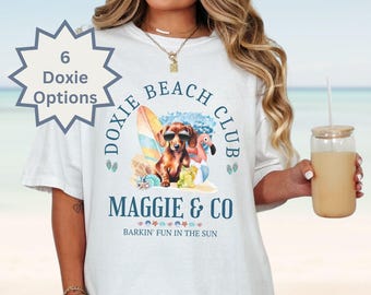 Custom Beach Dachshund Shirt Summer Beach Lover Doxie Mom Shirt Personalized Wiener Dog Gifts Weiner Dog Mama Birthday Funny Dog Surfing Tee