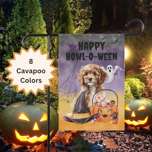 May include: A rectangular garden flag featuring a light brown Cavapoo puppy, a black witch hat, and an orange pumpkin candy bucket filled with treats. The background displays a purple and orange gradient with a ghost, spiderwebs, and the text Happy Howl-o-ween.