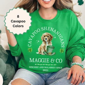 May include: Green sweatshirt with a Cavapoo puppy graphic, a green hat, and the text "Cavapoo Shenanigans." The sweatshirt also features the text "Maggie & Co" and "Mischief and Malarkey Since 2021."