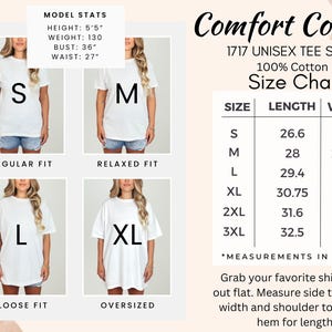 May include: Size chart for a unisex t-shirt made of 100% cotton. The chart shows the length and width in inches for sizes S, M, L, XL, 2XL, and 3XL. The chart also includes a model wearing the shirt in different sizes, showing the fit of the shirt.