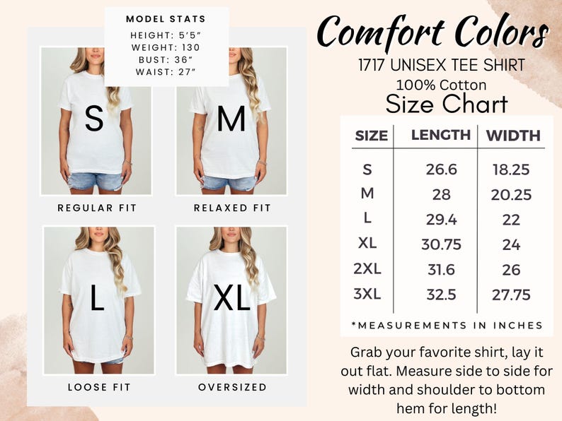 May include: Size chart for a unisex t-shirt made of 100% cotton. The chart shows the length and width in inches for sizes S, M, L, XL, 2XL, and 3XL. The chart also includes a model wearing the shirt in different sizes, showing the fit of the shirt.