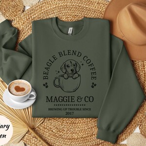 Custom Coffee Lovers Beagle Sweatshirt Beagle Mom Shirt Personalized Beagle Gifts For Beagle Mama Birthday Gifts Coffee Themed Dog Sweater Military Green