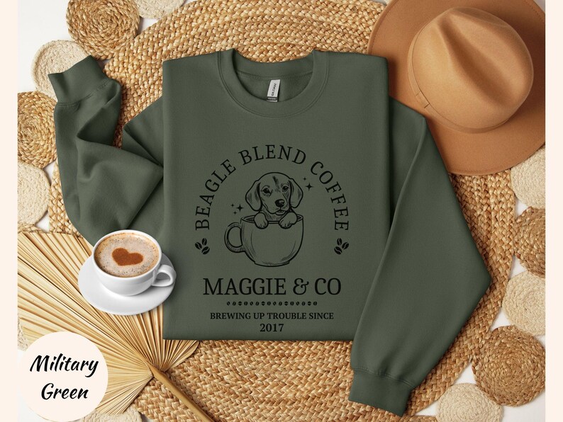 Custom Coffee Lovers Beagle Sweatshirt Beagle Mom Shirt Personalized Beagle Gifts For Beagle Mama Birthday Gifts Coffee Themed Dog Sweater Military Green