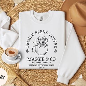 Custom Coffee Lovers Beagle Sweatshirt Beagle Mom Shirt Personalized Beagle Gifts For Beagle Mama Birthday Gifts Coffee Themed Dog Sweater White