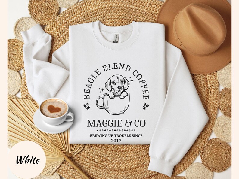 Custom Coffee Lovers Beagle Sweatshirt Beagle Mom Shirt Personalized Beagle Gifts For Beagle Mama Birthday Gifts Coffee Themed Dog Sweater White