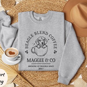 Custom Coffee Lovers Beagle Sweatshirt Beagle Mom Shirt Personalized Beagle Gifts For Beagle Mama Birthday Gifts Coffee Themed Dog Sweater Sport Grey