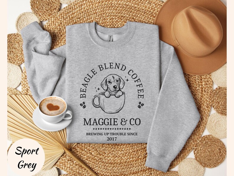 Custom Coffee Lovers Beagle Sweatshirt Beagle Mom Shirt Personalized Beagle Gifts For Beagle Mama Birthday Gifts Coffee Themed Dog Sweater Sport Grey