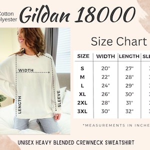 May include: Cream-colored unisex heavy blended crewneck sweatshirt. The image includes a size chart with measurements in inches, and the sweatshirt is made of 50% cotton and 50% polyester. The brand is Gildan 18000.