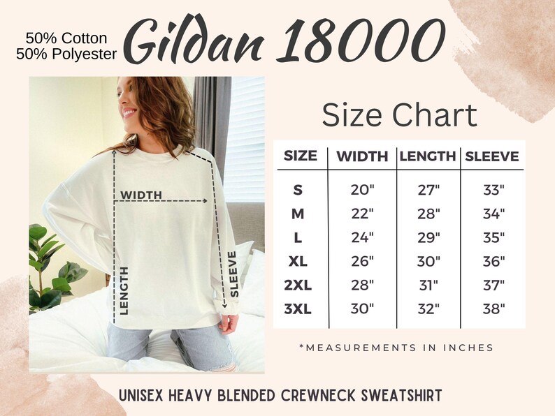 May include: Cream-colored unisex heavy blended crewneck sweatshirt. The image includes a size chart with measurements in inches, and the sweatshirt is made of 50% cotton and 50% polyester. The brand is Gildan 18000.