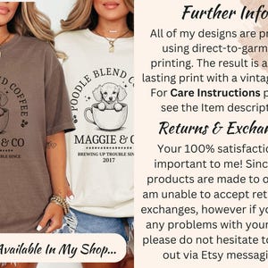 May include: Two brown and white t-shirts with a graphic of a poodle in a coffee cup. The text on the shirts reads "Poodle Blend Coffee" and "Maggie & Co. Brewing Up Trouble Since 2017".