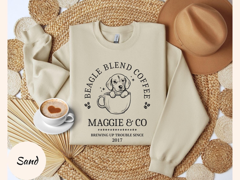 Custom Coffee Lovers Beagle Sweatshirt Beagle Mom Shirt Personalized Beagle Gifts For Beagle Mama Birthday Gifts Coffee Themed Dog Sweater Sand