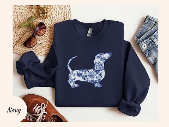 Blue Toile Dachshund Sweatshirt Chinoiserie Doxie Mom Shirt Unique Wiener Dog Gifts Floral Weiner Dog Mama Birthday Botanical Dog Silhouette