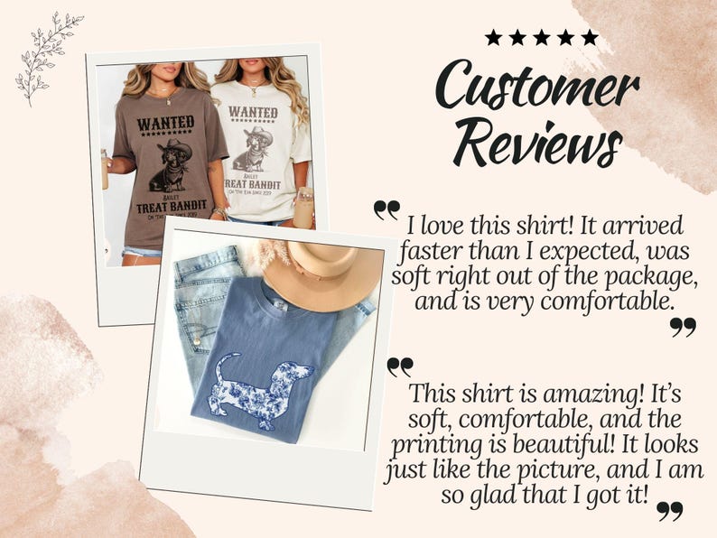 May include: The image showcases two t-shirts with a dachshund graphic. One shirt is brown with the text "WANTED" and "BAILEY TREAT BANDIT". The other shirt is cream-colored with the same design. A blue shirt with a floral dachshund design is also visible.