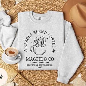 Custom Coffee Lovers Beagle Sweatshirt Beagle Mom Shirt Personalized Beagle Gifts For Beagle Mama Birthday Gifts Coffee Themed Dog Sweater Ash