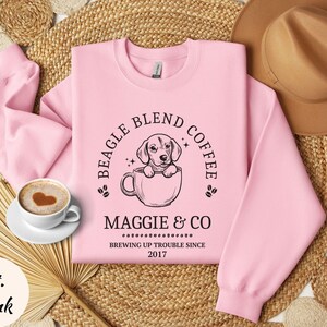 Custom Coffee Lovers Beagle Sweatshirt Beagle Mom Shirt Personalized Beagle Gifts For Beagle Mama Birthday Gifts Coffee Themed Dog Sweater Light Pink