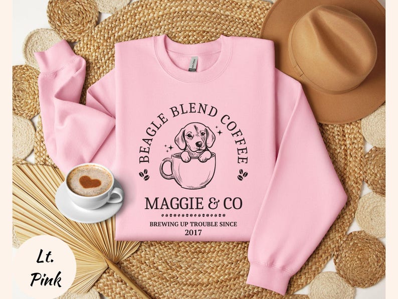Custom Coffee Lovers Beagle Sweatshirt Beagle Mom Shirt Personalized Beagle Gifts For Beagle Mama Birthday Gifts Coffee Themed Dog Sweater Light Pink