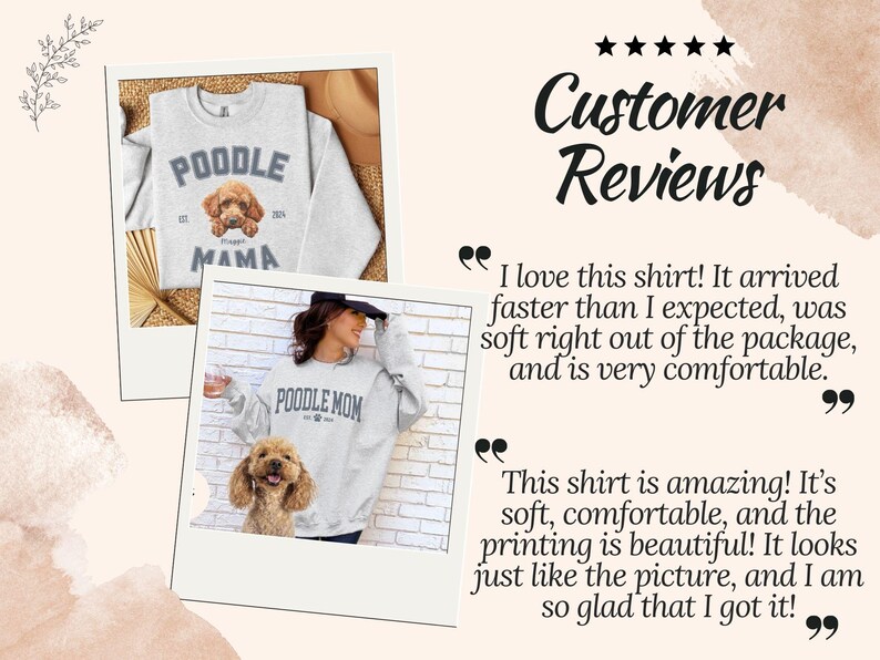 May include: Two customer reviews for a gray sweatshirt with a poodle graphic and the text "Poodle Mama" and "Poodle Mom". The reviews praise the shirt's softness, comfort, and the quality of the printing.