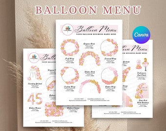 MENU BALLON, modèle MAQUETTE de ballons, liste de prix de ballons modifiable, décoration de ballons, artiste de ballons, décoration d'événement, menu d'affaires de ballons, toile