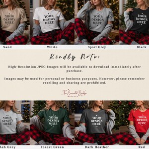 May include: A mockup featuring eight t-shirts in various colors: sand, white, sport grey, black, ash grey, forest green, dark heather, and red. Each shirt has the text "YOUR DESIGN HERE" printed on it. The models are wearing red and black plaid pajama pants.