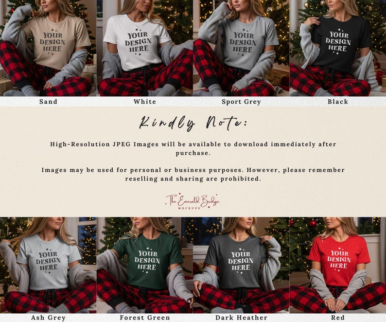 May include: A mockup featuring eight t-shirts in various colors: sand, white, sport grey, black, ash grey, forest green, dark heather, and red. Each shirt has the text "YOUR DESIGN HERE" printed on it. The models are wearing red and black plaid pajama pants.