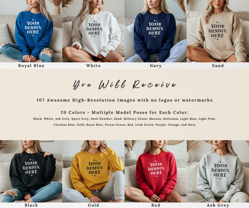 Gildan 18000 Mockup Bundle, Sweatshirt G180 Crewneck Mock-up Bundle, Model Mockup, Neutral Casual Simple Oversized Gildan 18000 Mocks Bundle image 2