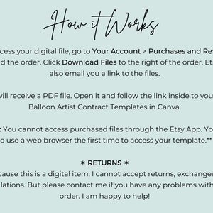 May include: Text-based instructions on how to access a digital file purchased on Etsy. The instructions explain how to download the file from your Etsy account and how to access the file using a web browser. The text also includes a note about returns and exchanges.