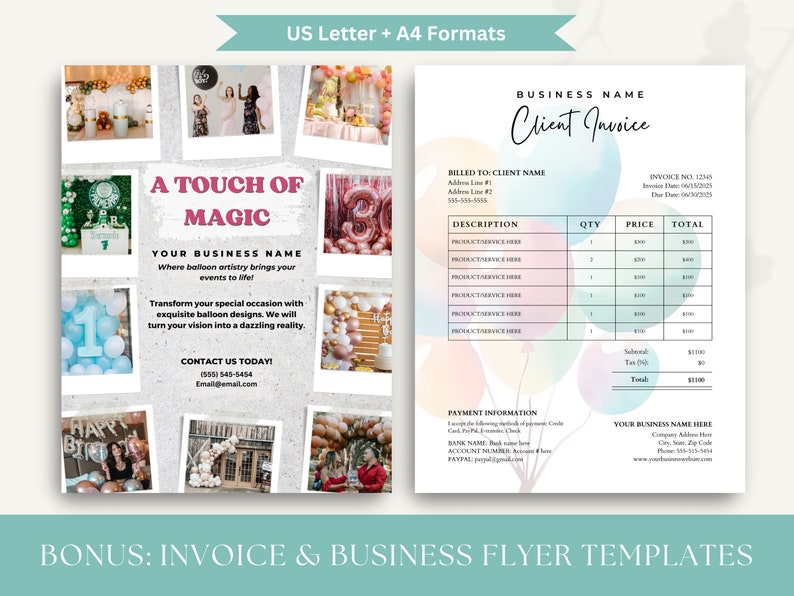 May include: A flyer for a balloon artistry business called "A Touch of Magic". The flyer features a collage of photos of balloon decorations for events. The flyer also includes the business name, contact information, and a tagline: "Where balloon artistry brings your events to life!"