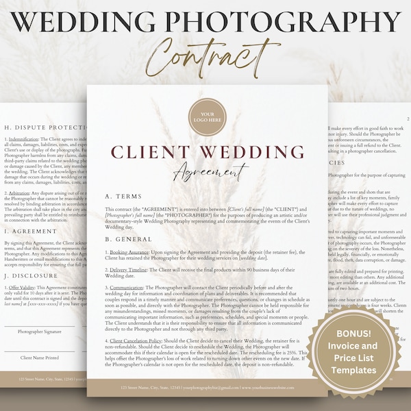 Boho WEDDING PHOTOGRAPHY CONTRACT Template, Photography Forms, Wedding Photographer Contract, Photography Price List, Pricing Invoice, Canva