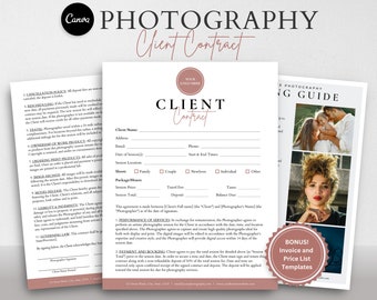 May include: A pink and white photography client contract template with a section for client information, session details, and pricing. The contract includes a section for the photographer's performance of services and payment terms. The template also includes a bonus section with invoice and price list templates.