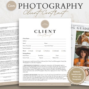 Photography Contract Template, Photography Forms, Photographer Client Contract, Client Agreement, Photography Pricing Guide, Invoice, CANVA