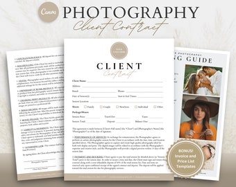 May include: A photography client contract template with a brown and white color scheme. The contract includes sections for client information, session details, package pricing, and payment terms. The document also includes a bonus section with invoice and price list templates.