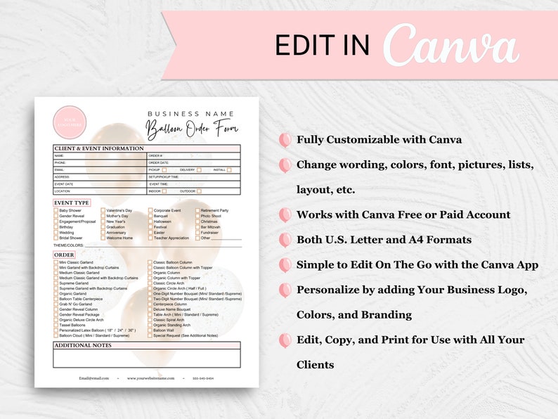 BALLOON ORDER FORM Template Bundle, Balloon Invoice, Event Decor