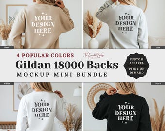 Pacote de costas de maquete Gildan 18000, pacote de maquete de moletom com gola redonda, areia, cinza, preto, branco, impressão sob demanda, pacote de maquete Gildan, instantâneo