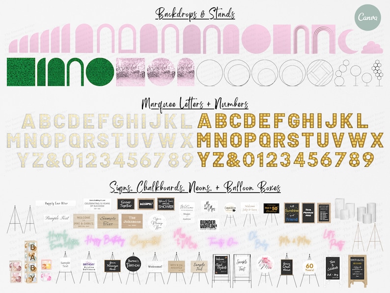 May include: A collection of digital backdrops, signs, and marquee letters for parties and events. The backdrops include arches, circles, and geometric shapes in pink and green. The signs are blackboards, chalkboards, and neon signs with various messages. The marquee letters are gold and include the alphabet and numbers.