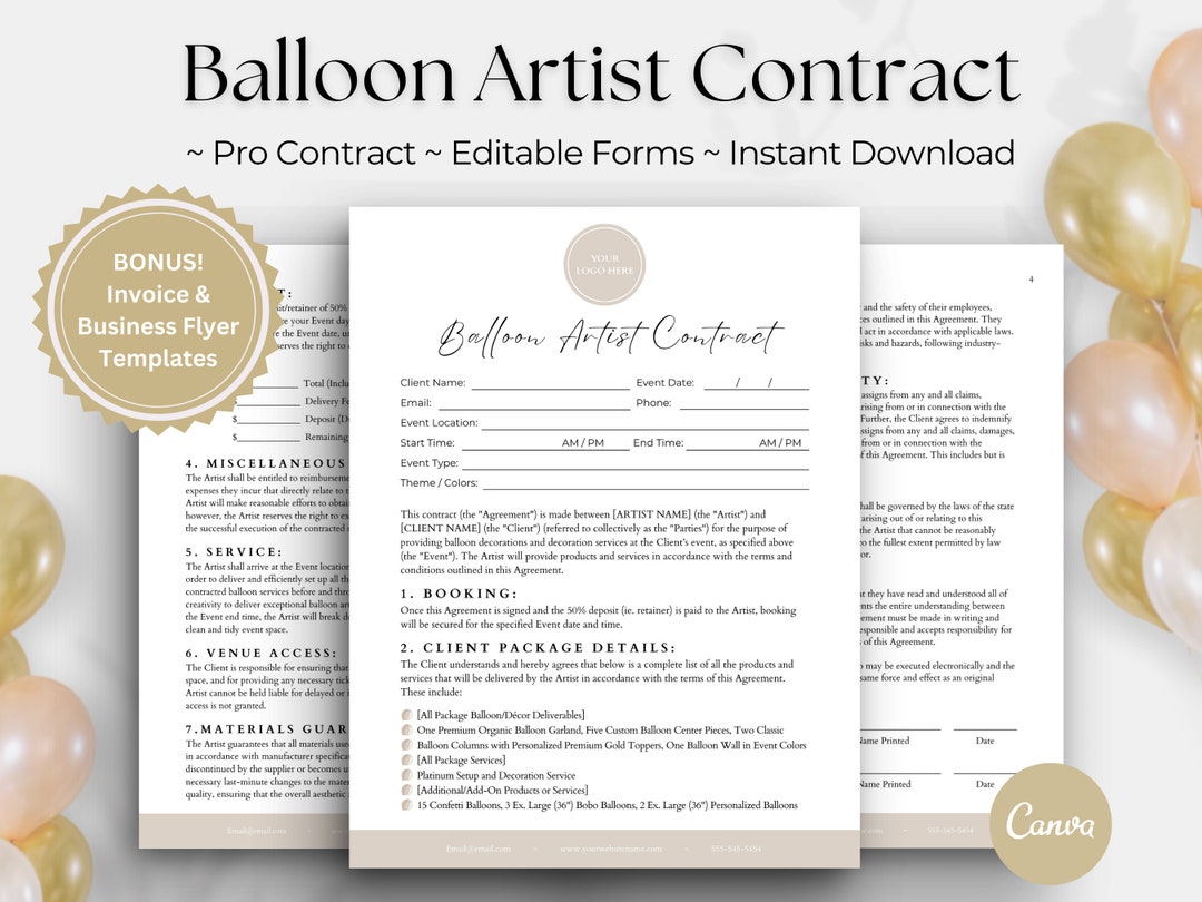 BALLOON CONTRACT, Editable Balloon Decor Contract, Balloon Invoice
