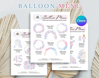 May include: A balloon menu with different balloon arrangements, including arches, garlands, columns, and numbers. The menu is designed for a balloon business and includes the business name, contact information, and website address.