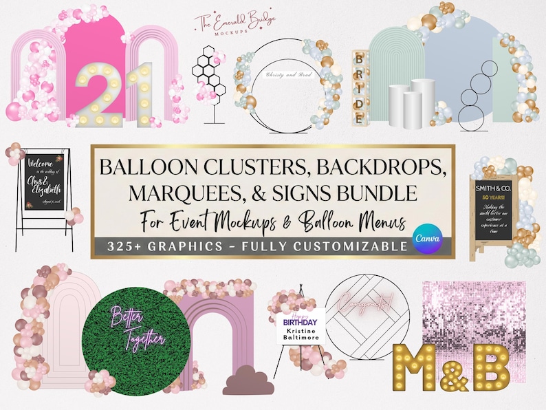 EVENT MOCKUP BUNDLE, Balloon Menu & Balloon Mockup Elements, Event Decor, Editable Balloon Garland, for Price List, Balloon Artist, Canva image 1