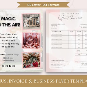 May include: A pink and white business flyer template with the text "Magic in the Air!" and images of balloon decorations. The flyer also includes contact information and the text "Transform Your Event with the Playful and Enchanting Beauty of Balloons!"