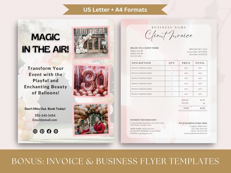 May include: A pink and white business flyer template with the text "Magic in the Air!" and images of balloon decorations. The flyer also includes contact information and the text "Transform Your Event with the Playful and Enchanting Beauty of Balloons!"