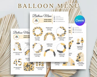 MENÚ DE GLOBOS, MAQUETA DE GLOBOS, LISTA DE PRECIOS DE GLOBOS EDITABLE, DECORACIÓN CON GLOBOS, ARTISTA DE GLOBOS, DECORACIÓN DE EVENTOS, MENÚ DE NEGOCIOS CON GLOBOS, CANVA