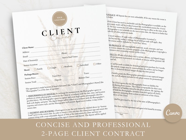 May include: A two-page client contract template for photographers. The contract includes sections for client information, performance of services, payment and booking, and product details. The contract is designed to be concise and professional.