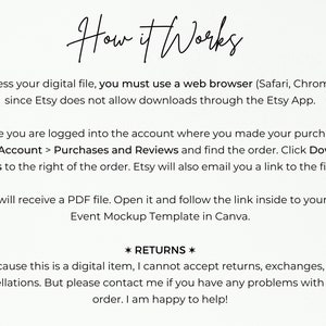 May include: Text-based instructions on how to access a digital file purchased on Etsy. The instructions explain how to download the file using a web browser and how to access the file through an email link. The text also includes a note about returns and exchanges.