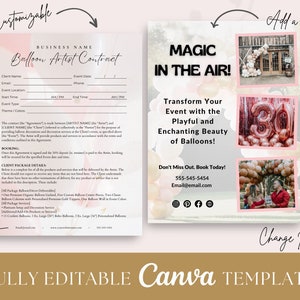 May include: A pink and white Canva template for a balloon artist contract. The template includes a contract form, a business name, and a section for client information. The template also includes a section for booking information and a section for client package details. The template also includes a section for a logo and a section for changing pictures. The template is fully editable and can be used to create a professional-looking contract for your balloon business.