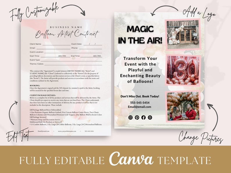 May include: A pink and white Canva template for a balloon artist contract. The template includes a contract form, a business name, and a section for client information. The template also includes a section for booking information and a section for client package details. The template also includes a section for a logo and a section for changing pictures. The template is fully editable and can be used to create a professional-looking contract for your balloon business.