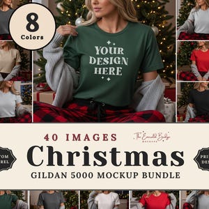 May include: A mockup bundle featuring a variety of Gildan 5000 t-shirts in eight colors. The image includes the text "YOUR DESIGN HERE" on a green shirt, and the word "Christmas". The bundle includes 40 images.