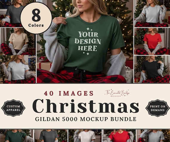 Christmas Gildan 5000 Mockup Bundle, G500 T-Shirt Mock-ups, Gildan Tee Shirt Mockup Bundle, Print On Demand, Apparel Mockups Bundle