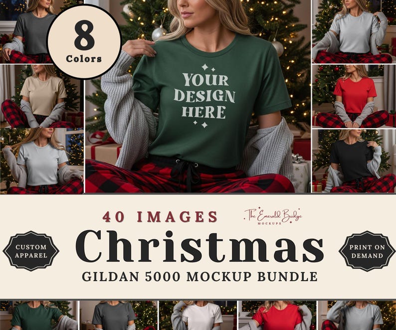 May include: A mockup bundle featuring a variety of Gildan 5000 t-shirts in eight colors. The image includes the text "YOUR DESIGN HERE" on a green shirt, and the word "Christmas". The bundle includes 40 images.