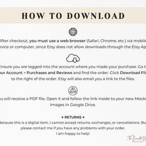 May include: A graphic with instructions on how to download a digital product from Etsy. The graphic includes icons of a web browser, a cloud with a download arrow, and a triangle. The text explains that you must use a web browser to download the product and that you will receive a PDF file with a link to the files in Google Drive. The graphic also includes a section on returns, stating that digital items cannot be returned, exchanged, or canceled.