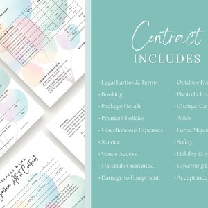 May include: A contract template for balloon artists, with a watercolor background of pastel balloons. The contract includes sections for legal parties, booking, package details, payment policies, miscellaneous expenses, service, venue access, materials guarantee, damage to equipment, outdoor events, photo release, change/cancellation policy, force majeure, safety, liability and indemnity, governing law, and acceptance signatures.