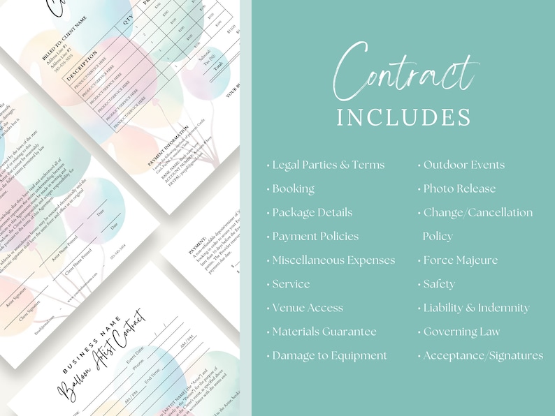 May include: A contract template for balloon artists, with a watercolor background of pastel balloons. The contract includes sections for legal parties, booking, package details, payment policies, miscellaneous expenses, service, venue access, materials guarantee, damage to equipment, outdoor events, photo release, change/cancellation policy, force majeure, safety, liability and indemnity, governing law, and acceptance signatures.